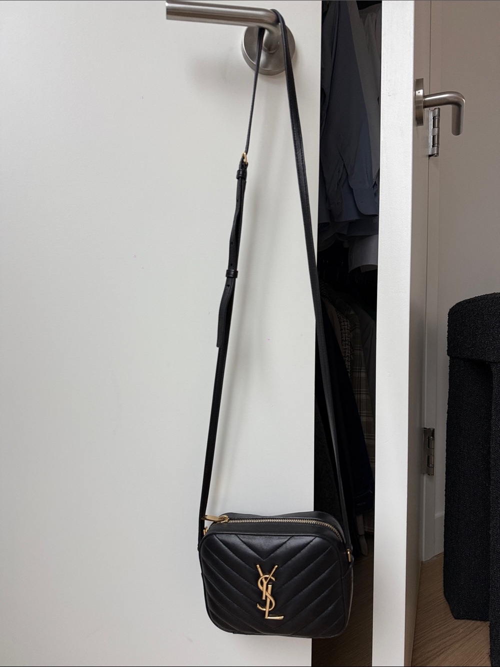 Saint Laurent Black Quilted Leather Camera Crossbody with Gold YSL Emblem